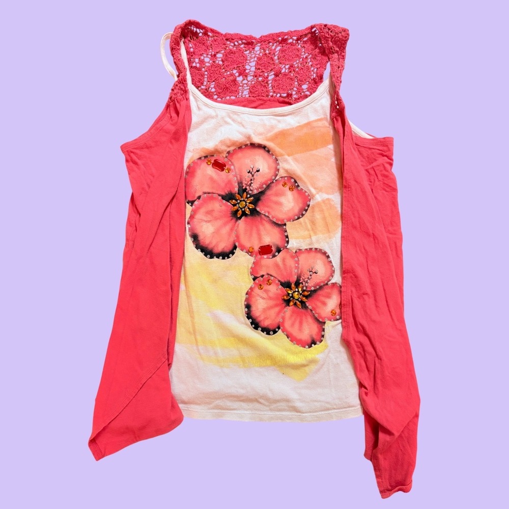 Y2K Justice Coral Pink Hibiscus Floral Rhinestone Crochet Tank Top Coquette #19